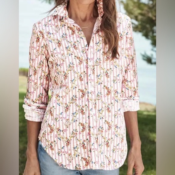 FRANK & EILEEN "frank" Striped Blouse With Floral Overlay Pattern - Picture 3 of 4